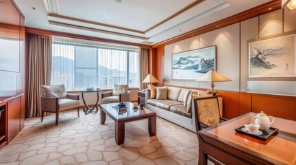 Modern Chinese-style living room, floor-to-ceiling windows with sheer curtains
