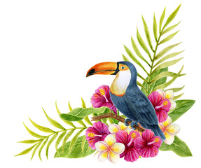 Toucan sits on branch in tropical flowers and lush greenery. Watercolor painting tropics composition consisting of  hibiscus, plumeria and green palm leaves.