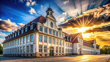 Fototapeta premium Panoramic View: Grand Old Building, Many Windows, White Roof - Architectural Photography