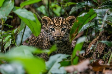 Obraz premium A baby leopard cub is sitting in the middle of a green bush