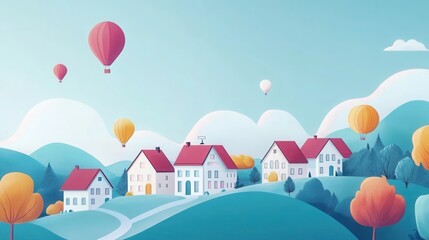 Whimsical Flat Design Illustration of Modern Houses, Hot Air Balloons, and Rolling Hills Landscape.