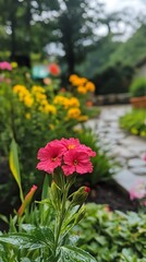 Vibrant Fuschia Dianthus Blossom Clusters in a Lush, Blurry Stone Path Garden View
