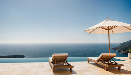 Obraz premium A minimalist and luxurious seaside setting featuring two modern sun loungers with white cushions and teal pillows beside an infinity pool. A large white parasol offers shade, and the calm blue sea 