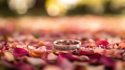 A silver wedding ring is resting on scattered rose petals