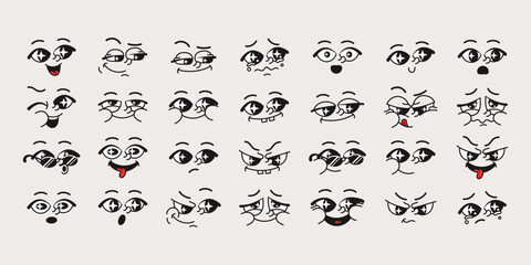 Vector illustration of various facial expressions, depicting emotions like happiness, sadness, surprise, and mischief, ideal for use in digital design, emojis, and character creation