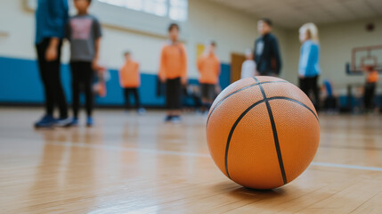 Obraz premium basketball on court with players in background