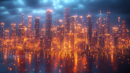 Fototapeta premium Glowing Metropolis Reflected in Tranquil Waters Captivating Cityscape of Illuminated Skyscrapers and Luminous Architecture at Night Depicting a Futuristic Vibrant