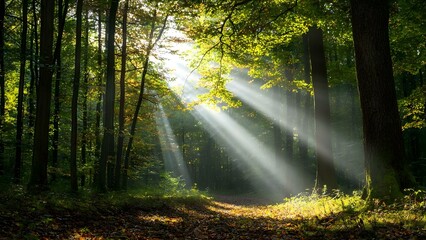 Fototapeta premium A tranquil forest scene with sunlight streaming through trees, illuminating a path covered in fallen leaves. Concept Tranquil Forest, Sunlight Through Trees, Scenic Path, Fallen Leaves