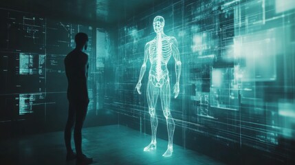 High-Tech Holographic Human Body Scan Illustration in Dark Futuristic Digital Environment