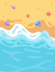 Ocean Waves on Seaside Sandy Beach with Shells.