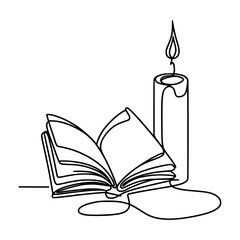 Line Drawing of an Open Book and a Candle on a Transparent Background  