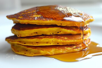 A close-up shot of a stack of golden pancakes with syrup flowing down the sides, placed on a clean white background for a tempting look.