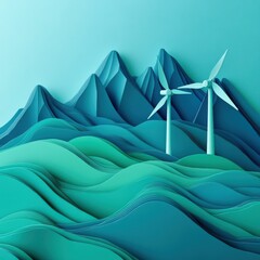 Sustainable Energy Paper Cutout Landscape with Wind Turbines