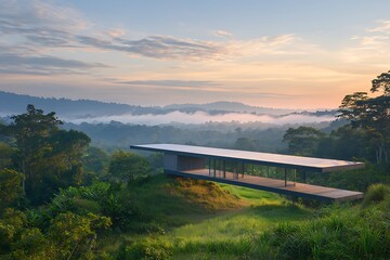 Fototapeta premium Sunrise over jungle pavilion.