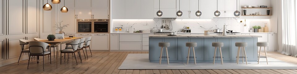 White kitchen with light blue island, wood floor, marble countertops, pendant lights, and stylish dining table. Cozy ambiance.