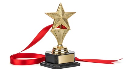 Gold Star Trophy on Black Base With Red Ribbon Symbolizes Achievement and Excellence in a Competition Setting