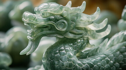 Obraz premium Jade Dragon Sculpture: This image showcases a intricately carved jade dragon sculpture, a symbol of power and good fortune. The light plays on the jade's surface.