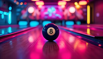 A colorful abstract scene with a bowling ball and billiard balls on a table, surrounded by blurred city lights, neon colors, and a vibrant party atmosphere