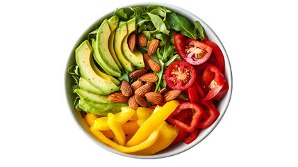 Close up shot of a salad bowl with avocado almonds and bell peppers