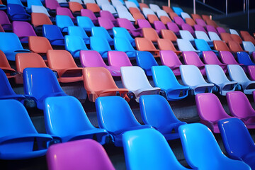 Plastic chairs in the stands of a sports stadium. Cheer on the stands of the stadium.