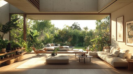 Fototapeta premium Luxurious Tropical Oasis Living Room with Lush Greenery and Plush Furniture Cozy and serene indoor space with modern decor large abundance of natural elements creating a peaceful