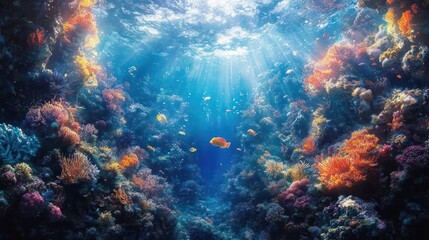 Fototapeta premium Vibrant coral reef teeming with colorful fish. Sunlight streams through the water