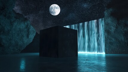 A floating cube sanctuary surrounded by glowing waterfalls and starlight, moon hovering above