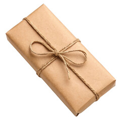 Wrapped gift in brown paper with twine bow against a black background.