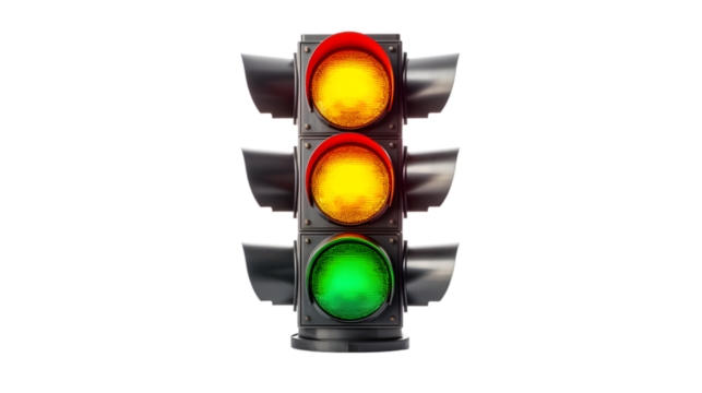 A traffic light with a red light and a yellow light and a green light