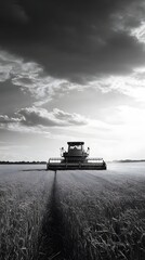 Fototapeta premium An old weathered harvester drives through a serene countryside field captured in striking black and white with a contemporary cinematic lighting effect