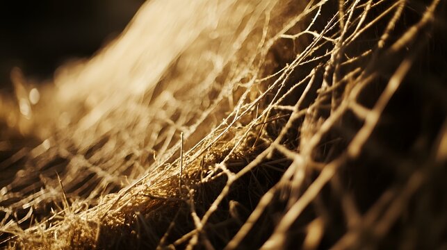 Blades of hay emerging from a hay bale their texture and patterns accentuated by dramatic cinematic lighting creating a serene minimalist and contemplative atmosphere
