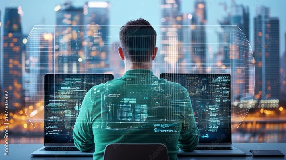 Wall mural code weaver's vision: a coder absorbed in his work, facing a cityscape, with futuristic displays.