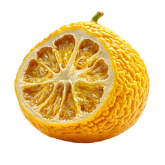 A close up of a cut yellow citrus fruit with a textured outer skin