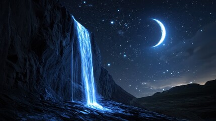 Fototapeta premium A cinematic landscape where waterfalls flow across a glowing cliff, moon and stars blending into one