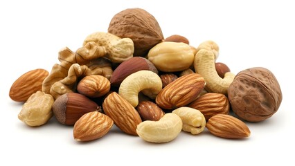A variety of nuts including walnuts, almonds, cashews, hazelnuts, and pecans arranged in a heap. Concept Nut Varieties, Nutritional Benefits, Healthy Snacking, Culinary Uses, Storage Tips