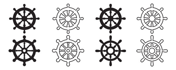 Ship steering wheel set. Boat steering wheels icon black silhouette, outline vector illustration © Badhon