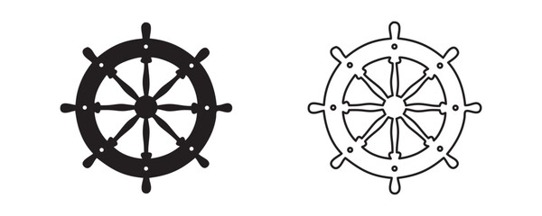 Ship steering wheel set. Boat steering wheels icon black silhouette, outline vector illustration © Badhon