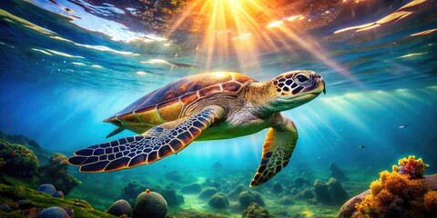 Fototapeta premium Stunning Underwater Turtle Photo: High-Resolution Sea Turtle Swimming, Deep Ocean Wildlife, Aquatic Life Photography