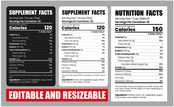 Nutrition facts database template design with vector, supplement facts, nutrition facts label, nutrition label, nutritional value, healthy food facts, nutrition information panel.