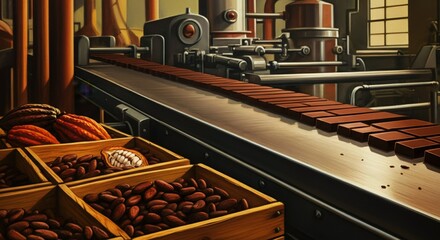 Chocolate production process in a factory with cocoa beans and bars