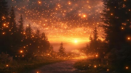 Fototapeta premium Mystical forest path at sunrise with glowing lights