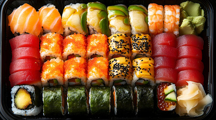 A vibrant sushi roll display featuring dragon rolls, spicy tuna, and rainbow rolls, styled with wasabi, soy sauce, and pickled ginger