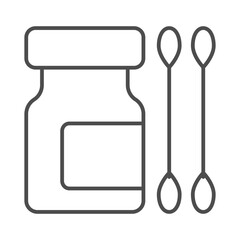 Two ear cotton swabs and jar thin line icon, pharmacy concept. Vector graphics. Jar of medicine and swab stick pair sign on white background, outline style icon for mobile or web design.