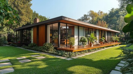 Mid-century modern house with lush garden and floor-to-ceiling windows