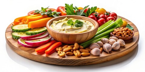 Low Light Flexitarian Feast: Fresh Veggies, Hummus, Nuts on Wooden Platter