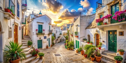 Naklejka premium Surreal Locorotondo Street: Apulia, Italy - Dreamlike Whitewashed Architecture