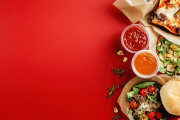 Assortment of Takeout Food, Pizza, Salad, and Sauce on Vibrant Red Background Flat Lay
