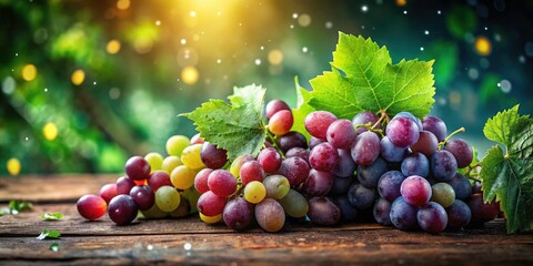 Fototapeta premium Surreal Organic Grapes: Rustic Wood, Green Leaves, Fantasy Photography