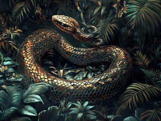 Fototapeta premium Snake Coiled Among Lush Tropical Foliage in Detailed Illustration Style