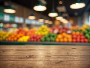 Empty wooden table in front with blurred fresh vegetable zone in the supermarket is background